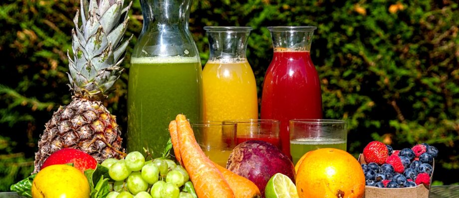 fruits and vegetable in clear glass jar